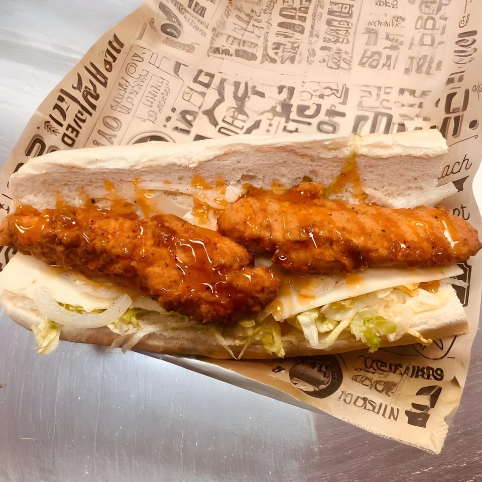 A West End Kitchen & Catering sub sandwich with crispy chicken, cheese, lettuce, and onions.